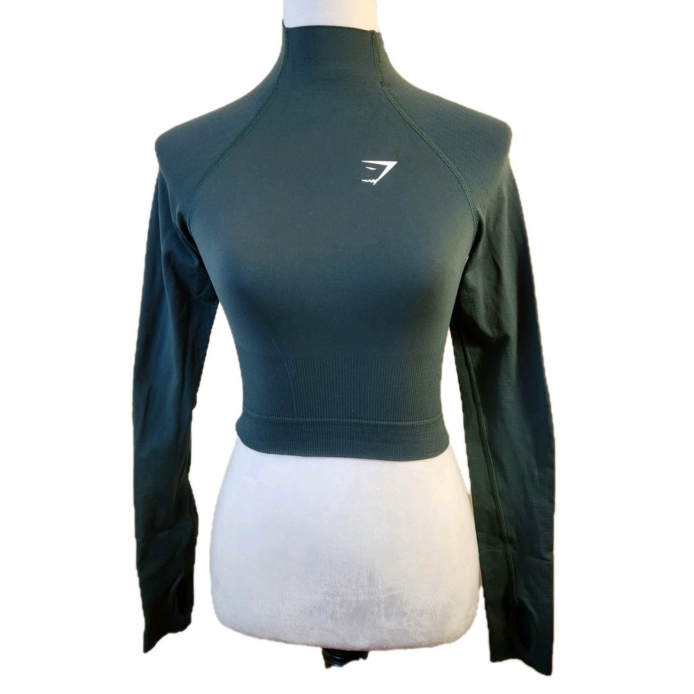 Gymshark Vital‎ Seamless 2.0  High Neck Midi Top Womens XS Green Workout Attire